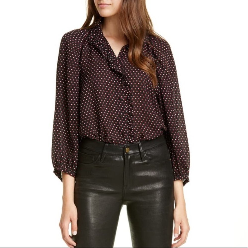 NWT 100% Silk FRAME Heart Print Ruffle Trim Top